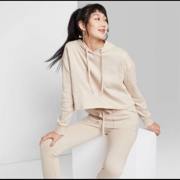 Wild Fable Cropped Quilted Panel Tan Hoodie XS - Picture 2 of 8